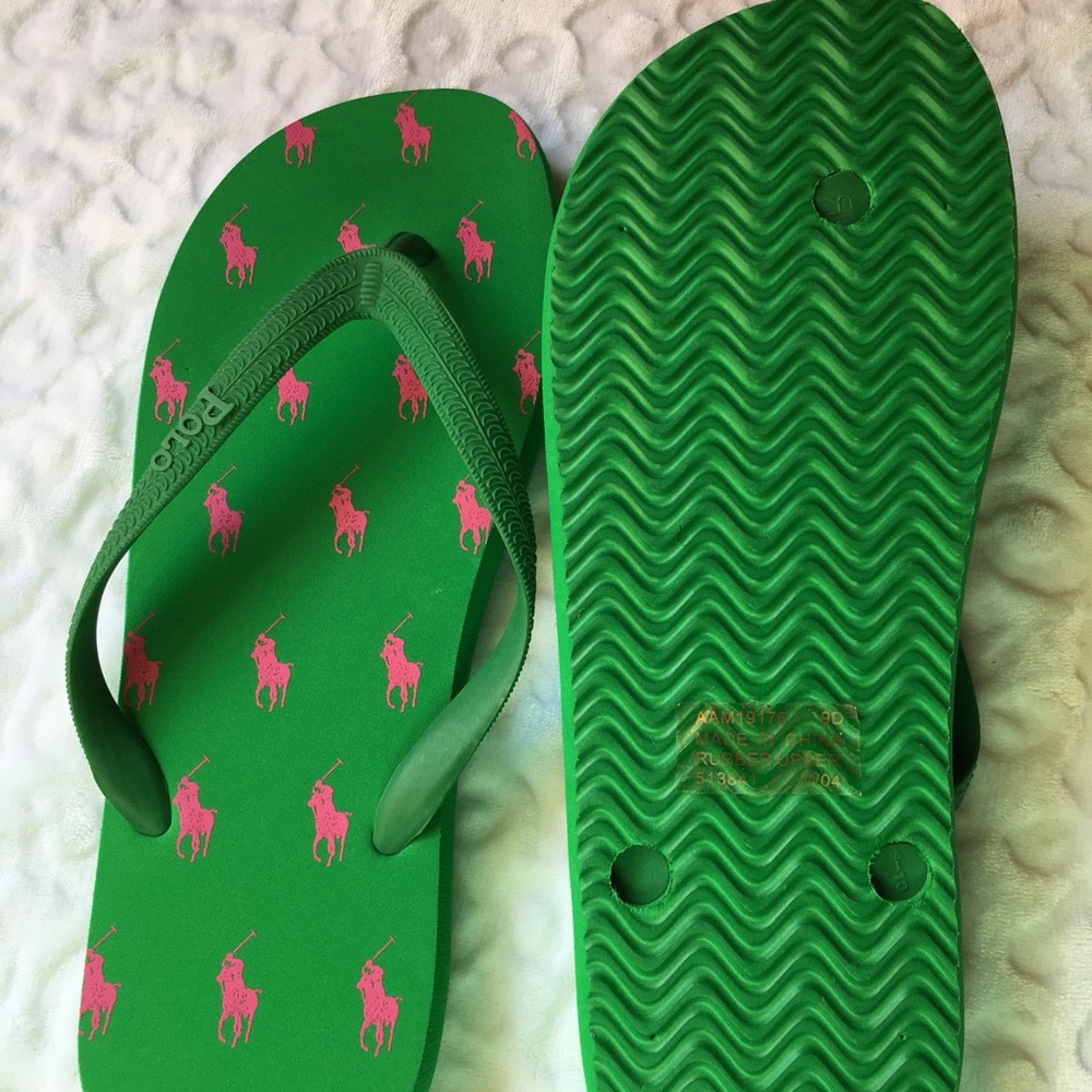 Ralph Lauren Pink and Green Flip Flops *New*